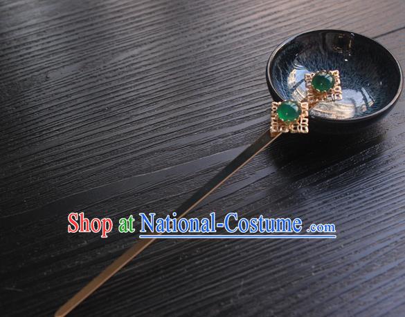 Chinese Classical Green Gems Hair Clip Hair Accessories Handmade Ancient Hanfu Golden Hairpin for Women