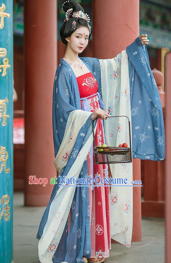 Chinese Ancient Imperial Consort Blue Wide Sleeve Cloak and Red Dress Traditional Hanfu Apparels Tang Dynasty Court Women Historical Costumes