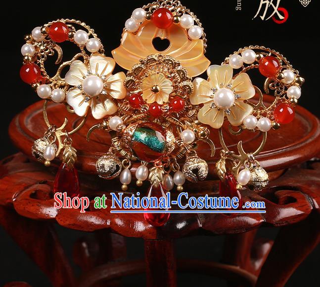 Chinese Classical Golden Bells Hair Crown Hair Accessories Handmade Ancient Court Lady Hanfu Shell Flower Hairpins for Women