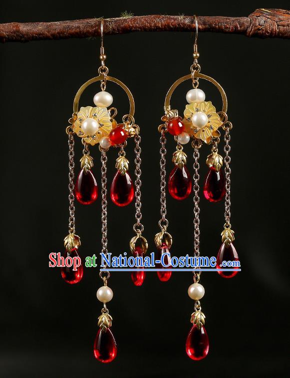 Handmade Chinese Court Women Red Beads Tassel Ear Accessories Classical Eardrop Hanfu Shell Flower Earrings