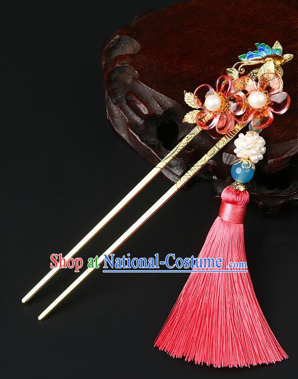 Chinese Classical Song Dynasty Pink Tassel Hair Clip Hanfu Hair Accessories Handmade Ancient Pearls Flower Hairpins for Women