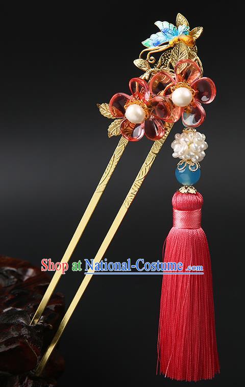 Chinese Classical Song Dynasty Pink Tassel Hair Clip Hanfu Hair Accessories Handmade Ancient Pearls Flower Hairpins for Women