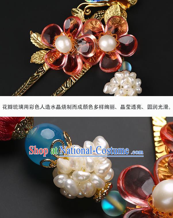 Chinese Classical Song Dynasty Pink Tassel Hair Clip Hanfu Hair Accessories Handmade Ancient Pearls Flower Hairpins for Women