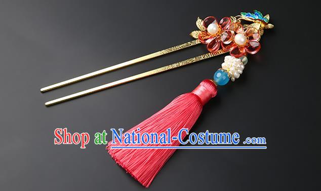 Chinese Classical Song Dynasty Pink Tassel Hair Clip Hanfu Hair Accessories Handmade Ancient Pearls Flower Hairpins for Women