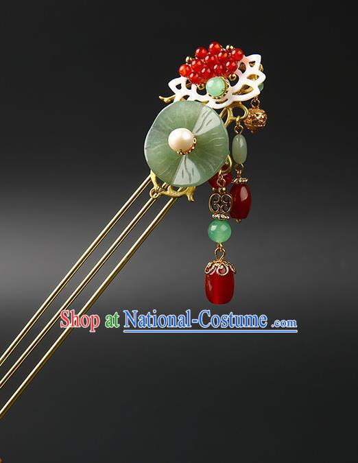 Chinese Classical Jade Lotus Leaf Hair Clip Hanfu Hair Accessories Handmade Ancient Princess Red Beads Tassel Hairpins for Women