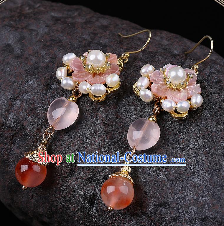 Handmade Chinese Shell Flower Ear Accessories Classical Eardrop Ancient Women Hanfu Pearls Earrings