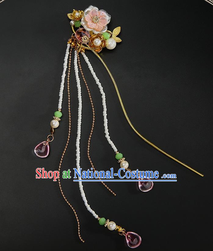 Chinese Classical Beads Tassel Hair Clip Hanfu Hair Accessories Handmade Ancient Princess Shell Flower Hairpins for Women