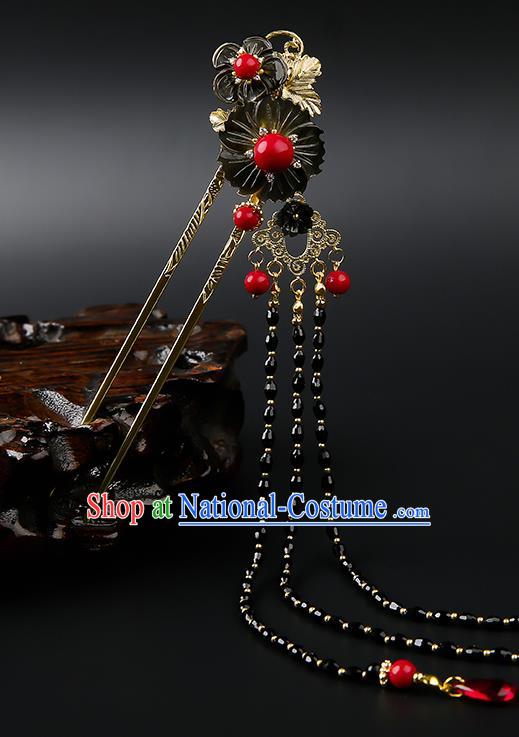 Chinese Classical Black Plum Hair Clip Hanfu Hair Accessories Handmade Ancient Song Dynasty Princess Beads Tassel Hairpins for Women