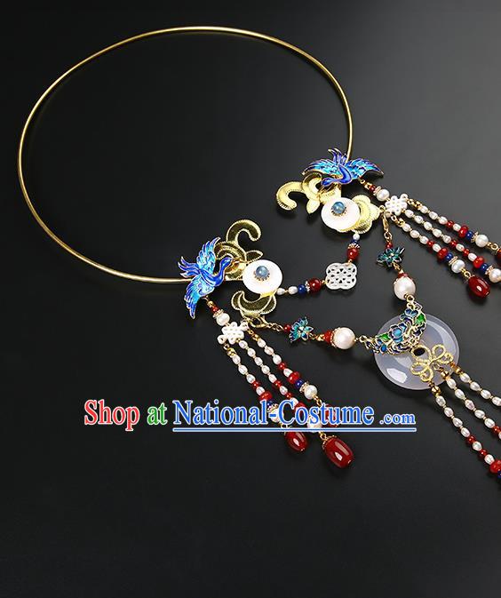 Chinese Handmade Ming Dynasty Pearls Tassel Necklet Classical Jewelry Accessories Ancient Hanfu Blueing Necklace for Women