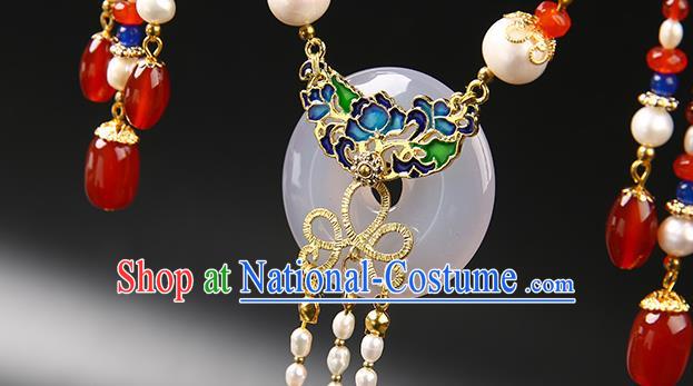 Chinese Handmade Ming Dynasty Pearls Tassel Necklet Classical Jewelry Accessories Ancient Hanfu Blueing Necklace for Women