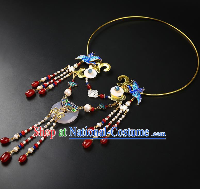 Chinese Handmade Ming Dynasty Pearls Tassel Necklet Classical Jewelry Accessories Ancient Hanfu Blueing Necklace for Women