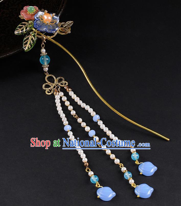 Chinese Classical Beads Tassel Hair Clip Hanfu Hair Accessories Handmade Ancient Princess Blue Plum Hairpins for Women