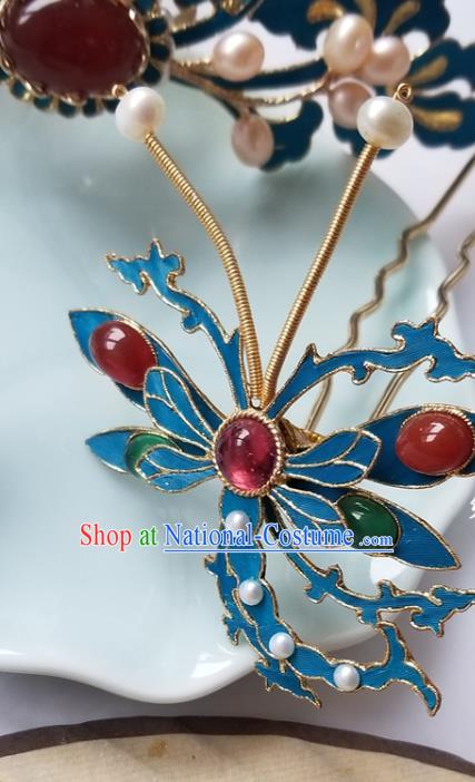 Chinese Classical Gems Dragonfly Hair Clip Hanfu Hair Accessories Handmade Ancient Qing Dynasty Empress Hairpins for Women