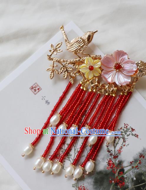 Chinese Classical Golden Bird Hair Claw Hanfu Hair Accessories Handmade Ancient Princess Red Tassel Hairpins for Women