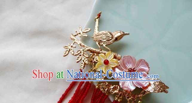 Chinese Classical Golden Bird Hair Claw Hanfu Hair Accessories Handmade Ancient Princess Red Tassel Hairpins for Women