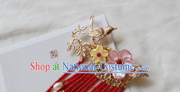 Chinese Classical Golden Bird Hair Claw Hanfu Hair Accessories Handmade Ancient Princess Red Tassel Hairpins for Women