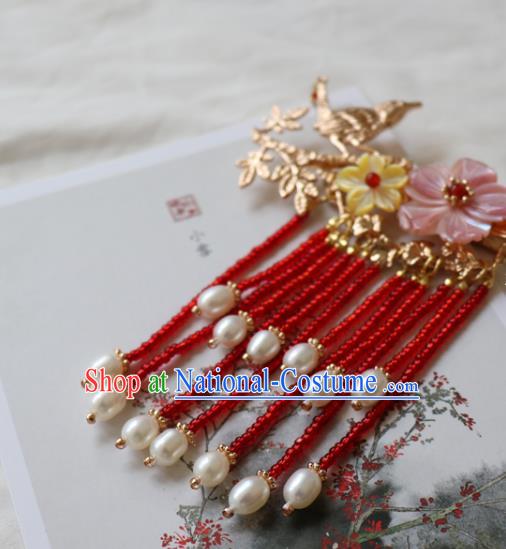 Chinese Classical Golden Bird Hair Claw Hanfu Hair Accessories Handmade Ancient Princess Red Tassel Hairpins for Women