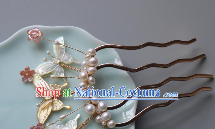 Chinese Classical Pearls Hair Comb Hanfu Hair Accessories Handmade Ancient Princess Shell Butterfly Hairpins for Women