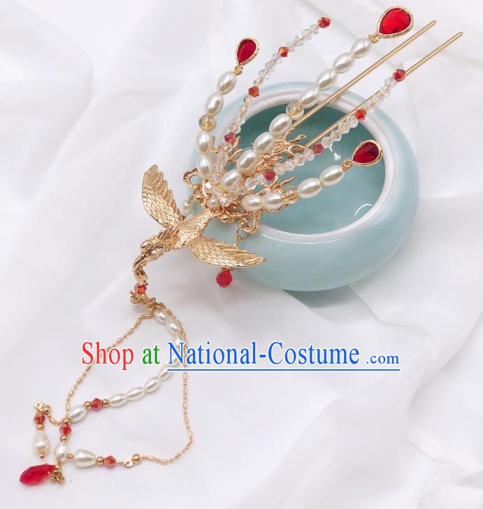 Chinese Classical Court Pearls Tassel Hair Clip Women Hanfu Hair Accessories Handmade Ancient Empress Red Crystal Phoenix Hairpins