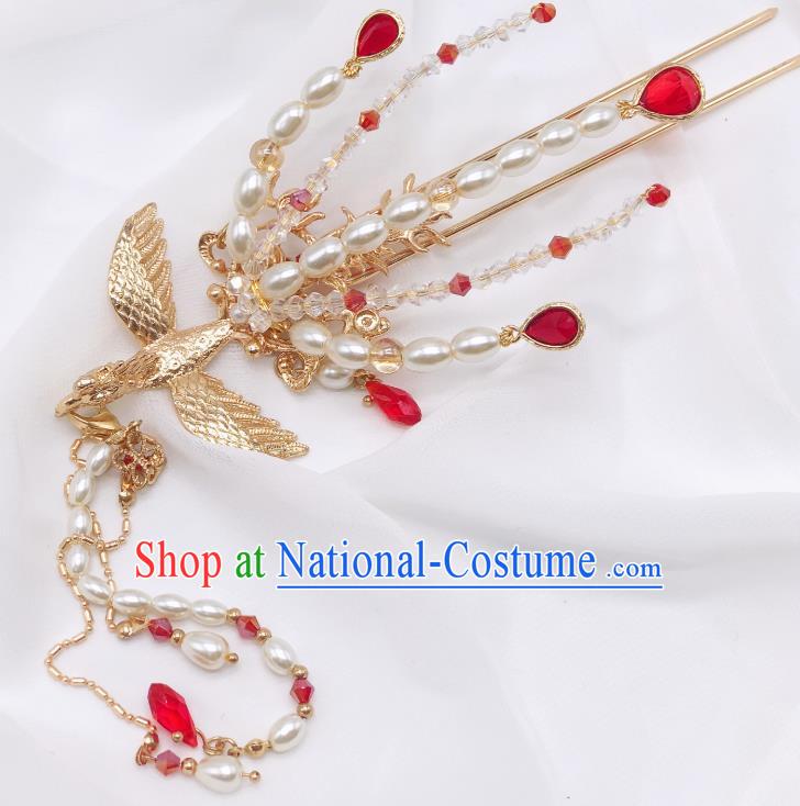 Chinese Classical Court Pearls Tassel Hair Clip Women Hanfu Hair Accessories Handmade Ancient Empress Red Crystal Phoenix Hairpins