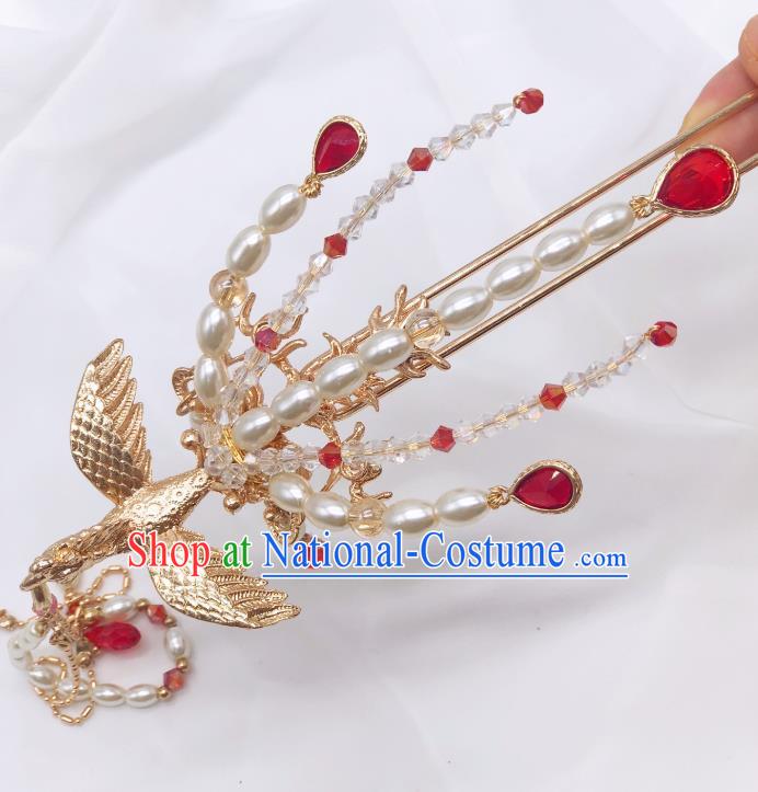 Chinese Classical Court Pearls Tassel Hair Clip Women Hanfu Hair Accessories Handmade Ancient Empress Red Crystal Phoenix Hairpins