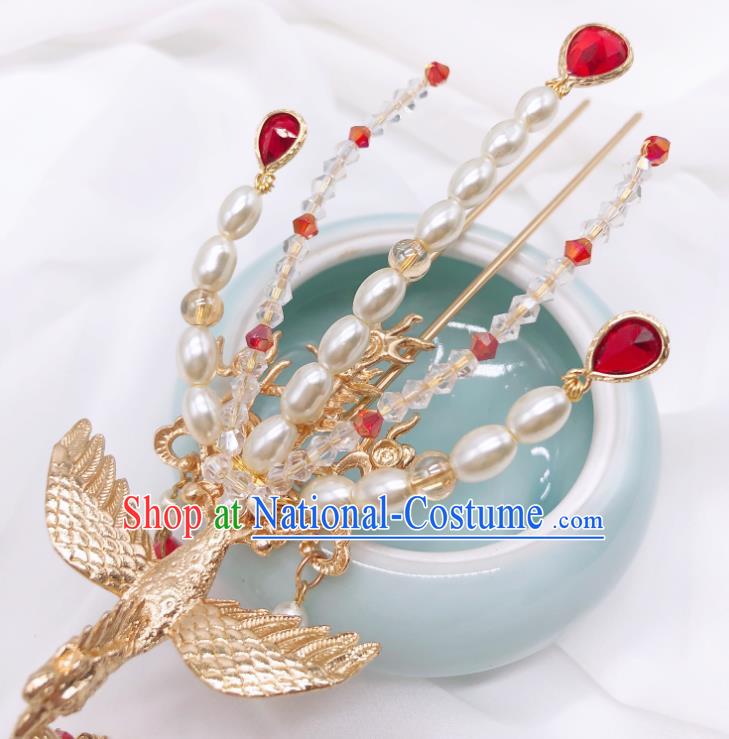 Chinese Classical Court Pearls Tassel Hair Clip Women Hanfu Hair Accessories Handmade Ancient Empress Red Crystal Phoenix Hairpins