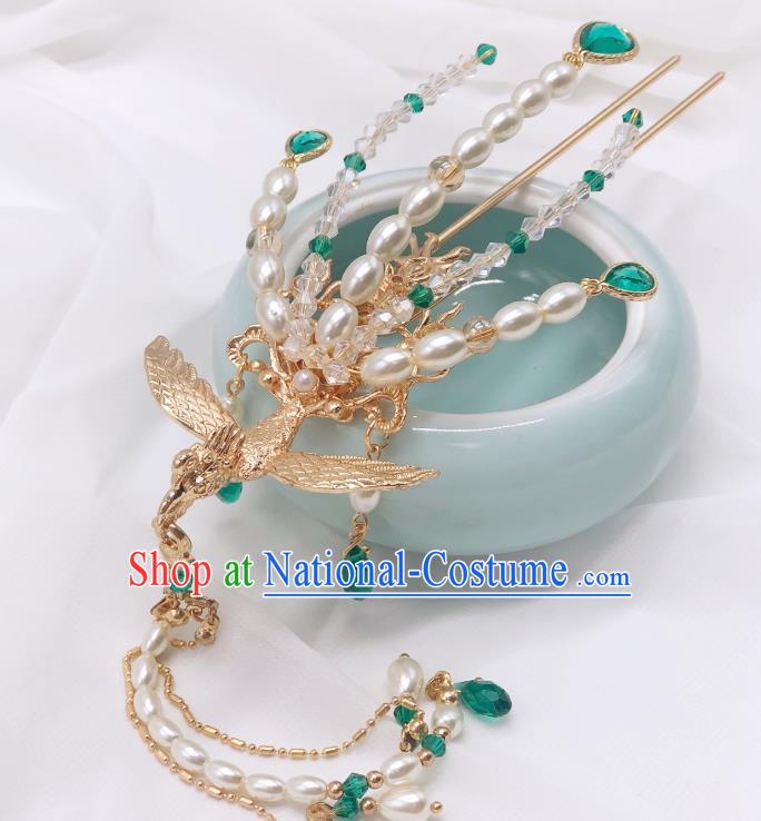 Chinese Classical Court Pearls Tassel Hair Clip Women Hanfu Hair Accessories Handmade Ancient Empress Green Crystal Phoenix Hairpins