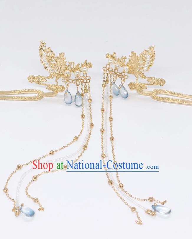 Chinese Classical Tassel Hair Clip Women Hanfu Hair Accessories Handmade Ancient Ming Dynasty Princess Golden Phoenix Hairpins