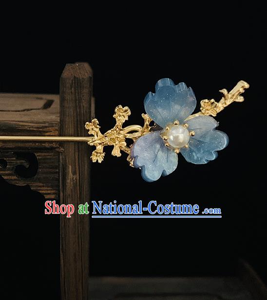 Chinese Classical Blue Flower Hair Clip Hanfu Hair Accessories Handmade Ancient Princess Hairpin for Women