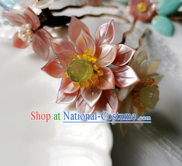 Chinese Classical Pink Lotus Hair Clip Hanfu Hair Accessories Handmade Ancient Princess Shell Flower Hairpins for Women