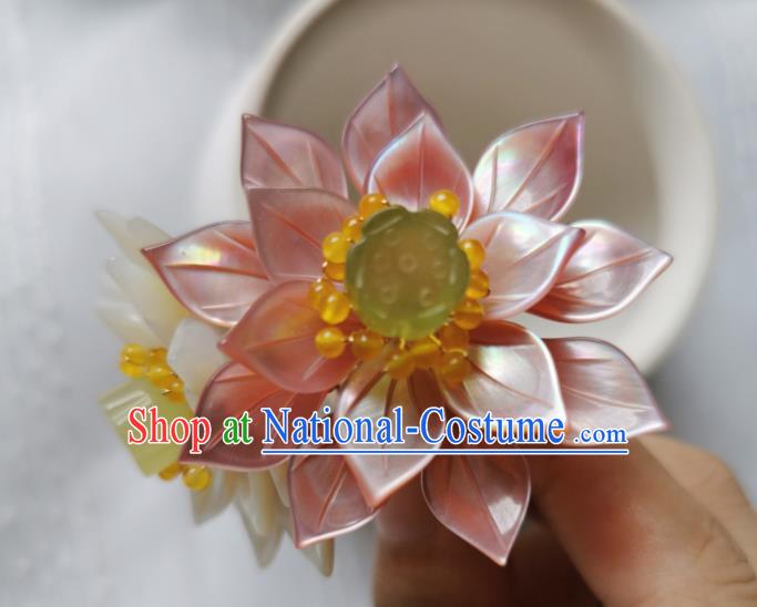 Chinese Classical Pink Lotus Hair Clip Hanfu Hair Accessories Handmade Ancient Princess Shell Flower Hairpins for Women