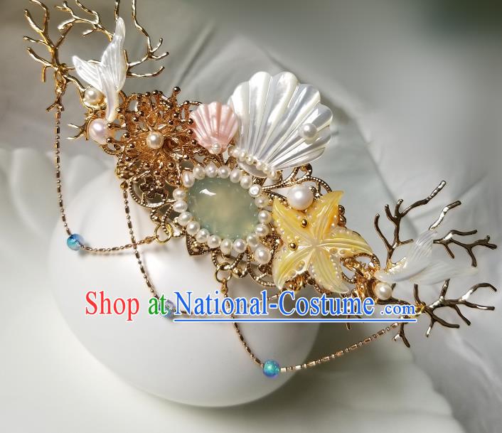 Chinese Classical Pearls Hair Crown Hanfu Hair Accessories Handmade Ancient Song Dynasty Shell Hairpins for Women