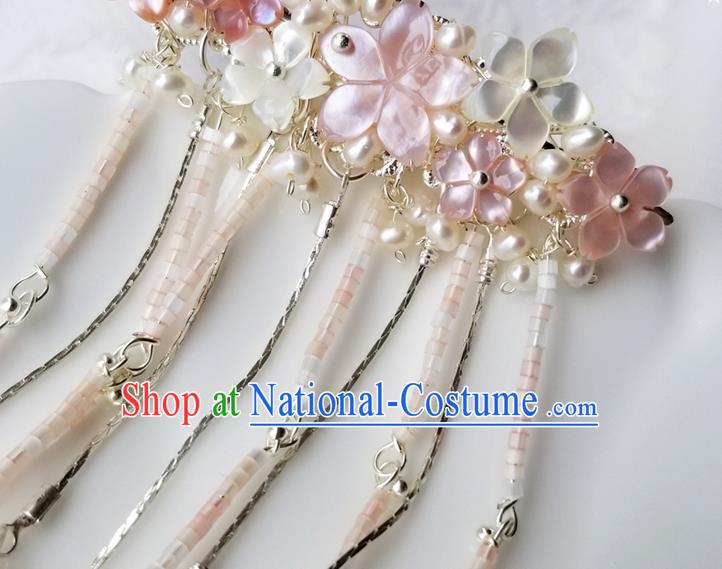 Chinese Classical Shell Flowers Tassel Hair Claw Hanfu Hair Accessories Handmade Ancient Queen Pearls Hairpins for Women