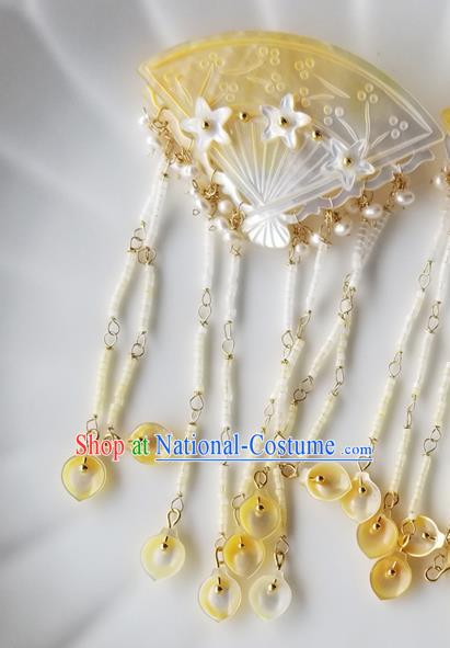 Chinese Classical Shell Fan Hair Claw Hanfu Hair Accessories Handmade Ancient Queen Beads Tassel Hairpins for Women