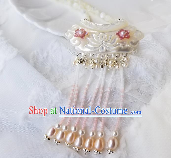 Chinese Classical Shell Lotus Hair Claw Hanfu Hair Accessories Handmade Ancient Queen Pearls Tassel Hairpins for Women