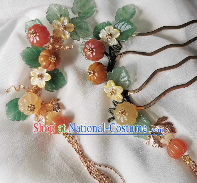 Chinese Classical Pumpkin Tassel Hair Comb Hanfu Hair Accessories Handmade Ancient Song Dynasty Princess Jade Hairpins for Women