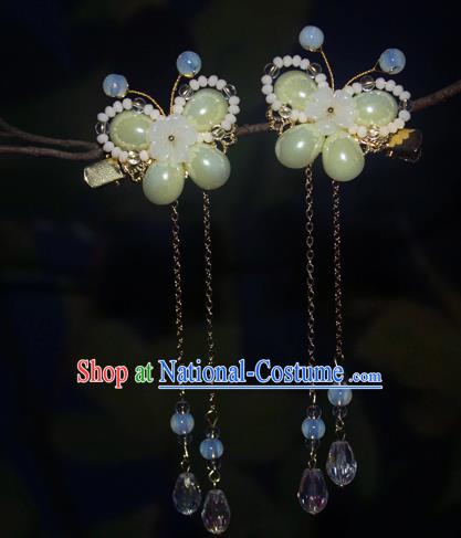 Chinese Classical Green Butterfly Hair Sticks Hanfu Hair Accessories Handmade Ancient Princess Tassel Hair Claws for Women