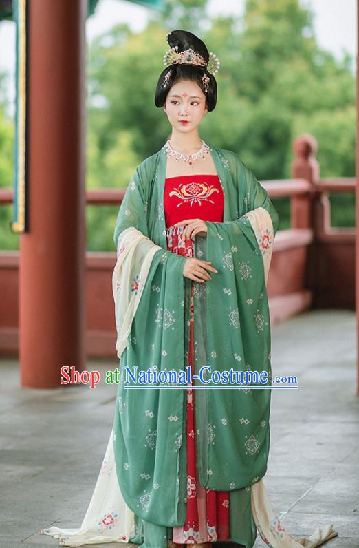 Chinese Ancient Tang Dynasty Imperial Concubine Green Cloak and Red Dress Traditional Court Woman Hanfu Apparels Historical Costumes