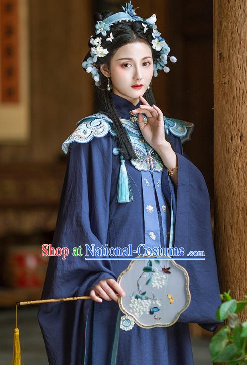 Chinese Ancient Ming Dynasty Royal Princess Navy Gown and Skirt Traditional Hanfu Apparels Historical Costumes for Rich Women