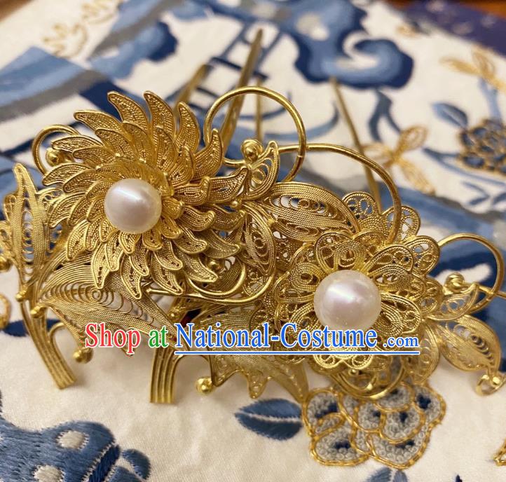 Chinese Classical Court Flower Hair Clips Women Hanfu Hair Accessories Handmade Ancient Tang Dynasty Empress Golden Hairpins