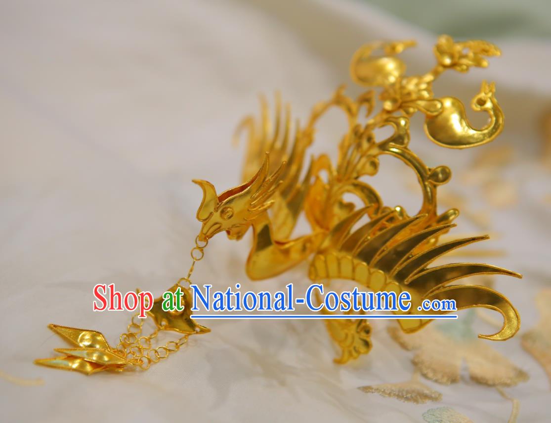 Chinese Classical Court Phoenix Hair Crown Women Hanfu Hair Accessories Handmade Ancient Tang Dynasty Empress Golden Tassel Hairpins Phoenix Coronet