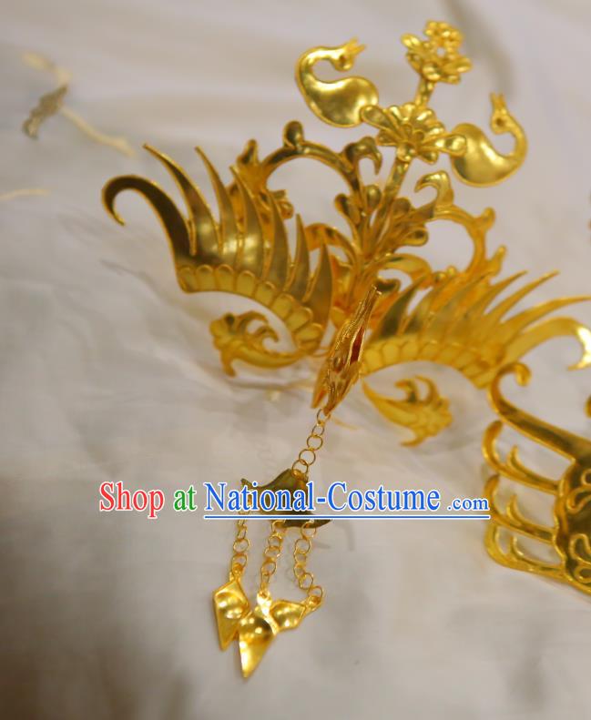 Chinese Classical Court Phoenix Hair Crown Women Hanfu Hair Accessories Handmade Ancient Tang Dynasty Empress Golden Tassel Hairpins Phoenix Coronet