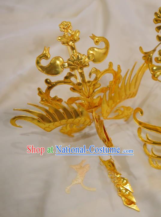 Chinese Classical Court Phoenix Hair Crown Women Hanfu Hair Accessories Handmade Ancient Tang Dynasty Empress Golden Tassel Hairpins Phoenix Coronet