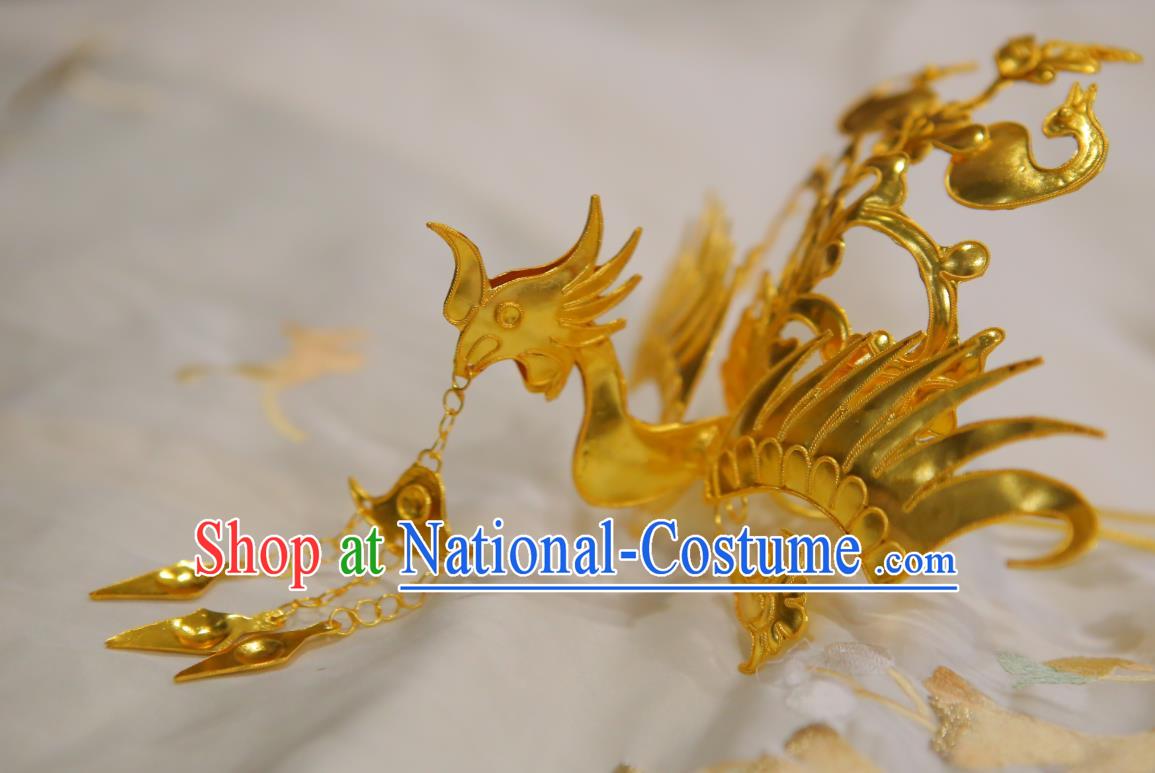 Chinese Classical Court Phoenix Hair Crown Women Hanfu Hair Accessories Handmade Ancient Tang Dynasty Empress Golden Tassel Hairpins Phoenix Coronet