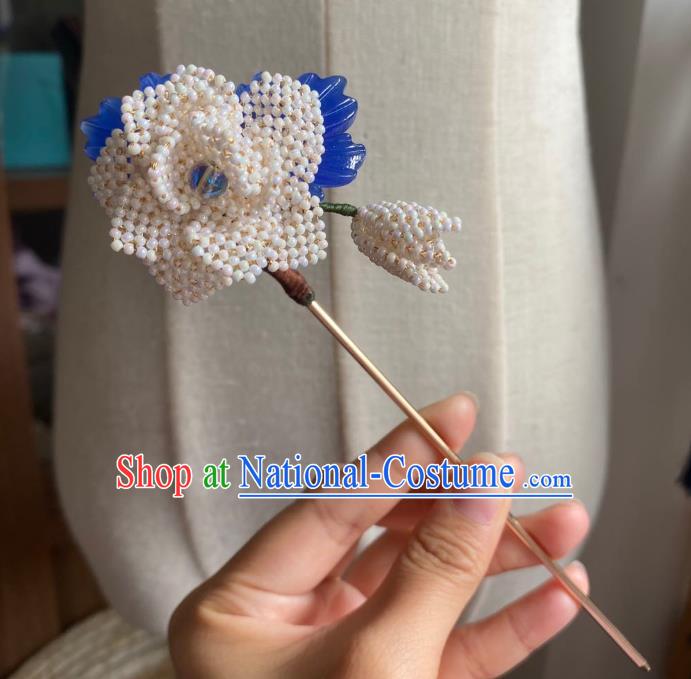 Chinese Classical Court Beads Hair Clip Women Hanfu Hair Accessories Handmade Ancient Qing Dynasty Princess White Flower Hairpins