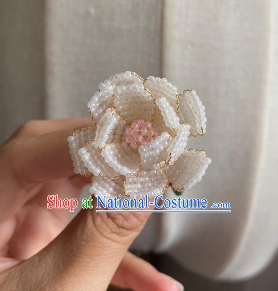 Chinese Classical Court White Beads Camellia Hair Clip Women Hanfu Hair Accessories Handmade Ancient Qing Dynasty Princess Hairpins