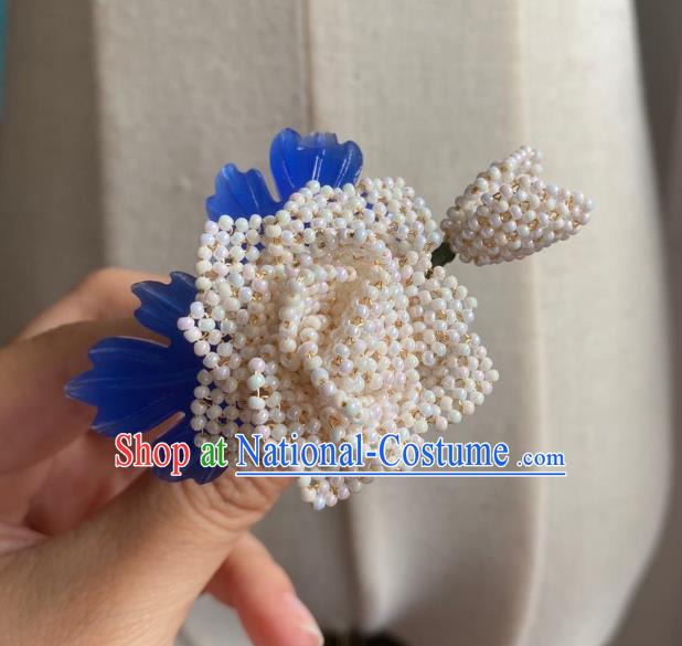 Chinese Classical Court White Rose Hair Clip Women Hanfu Hair Accessories Handmade Ancient Qing Dynasty Princess Beads Hairpins