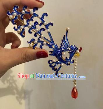 Chinese Classical Ancient Ming Dynasty Empress Phoenix Hairpins Women Hanfu Hair Accessories Handmade Blueing Tassel Hair Clip