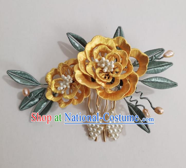 Chinese Classical Ancient Princess Golden Silk Peony Hair Comb Women Hanfu Hair Accessories Handmade Qing Dynasty Pearls Hairpin