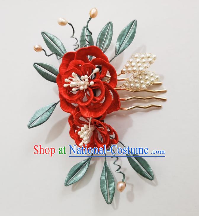 Chinese Classical Ancient Princess Red Silk Peony Hair Comb Women Hanfu Hair Accessories Handmade Qing Dynasty Pearls Hairpin